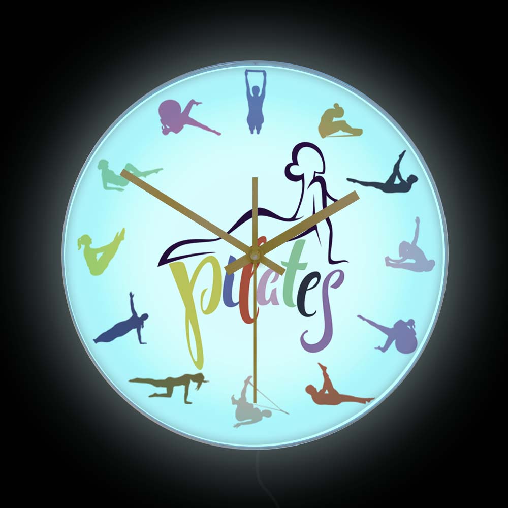 Yoga Fitness Room - Pilates-Posen Farbenfrohe Druck-Wanduhr mit LED-Hintergrundbeleuchtung Fitnessraum