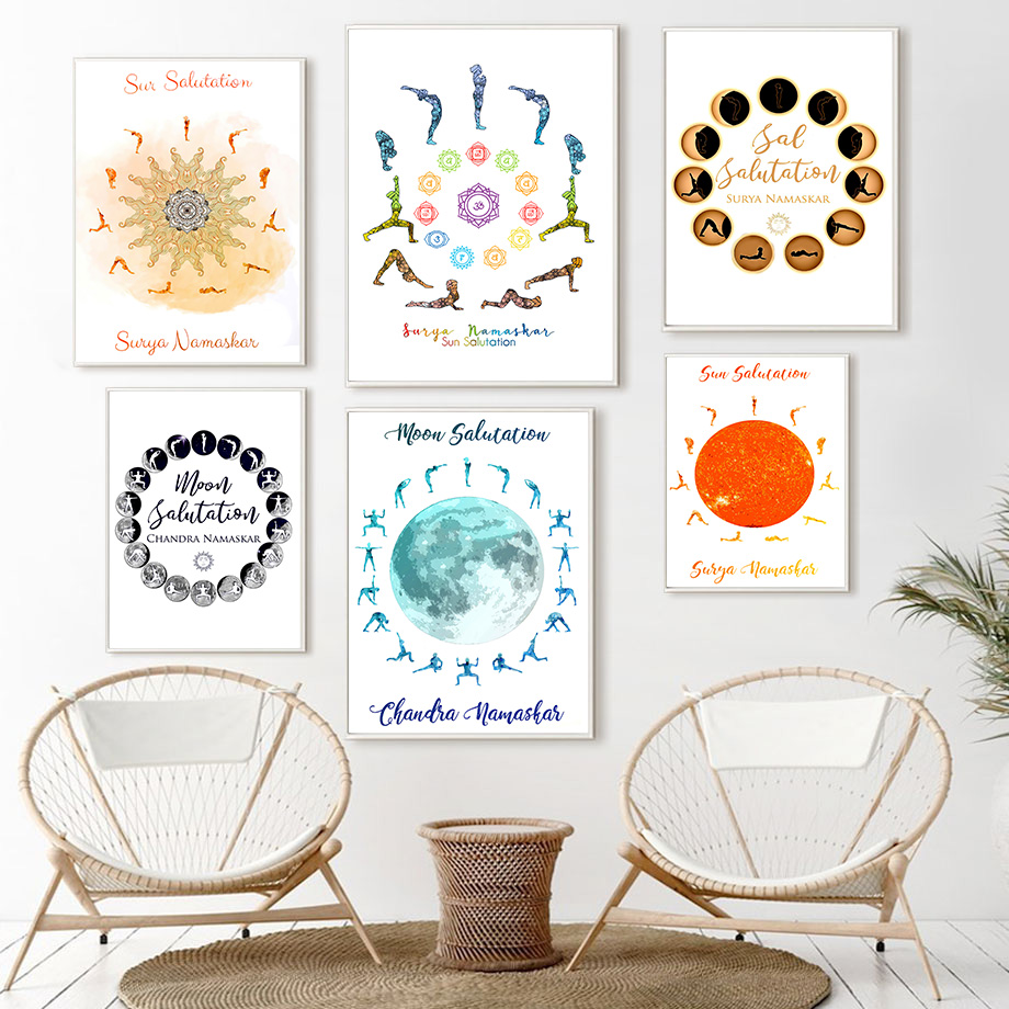 Yoga Fitness Room - Yoga-Posen Sonne-Mond-Gruß Wandkunst Leinwandbild Nordische Poster